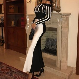 Off Shoulder Fitted Striped Fishtail Dress